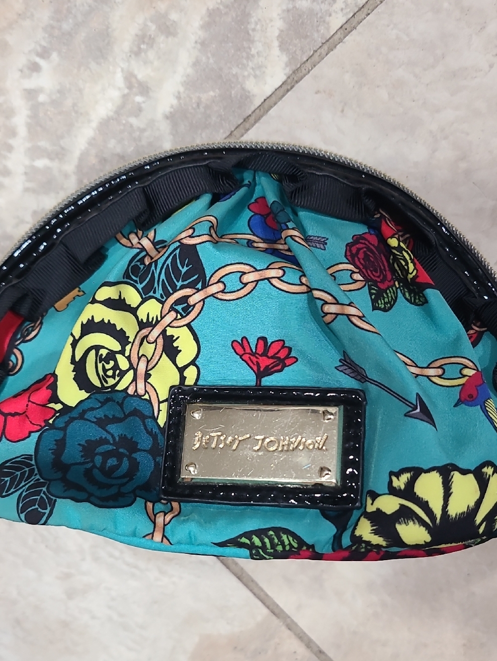 Betsey Johnson Teal Floral Chain-Print Cosmetic Bag with Gold Plaque